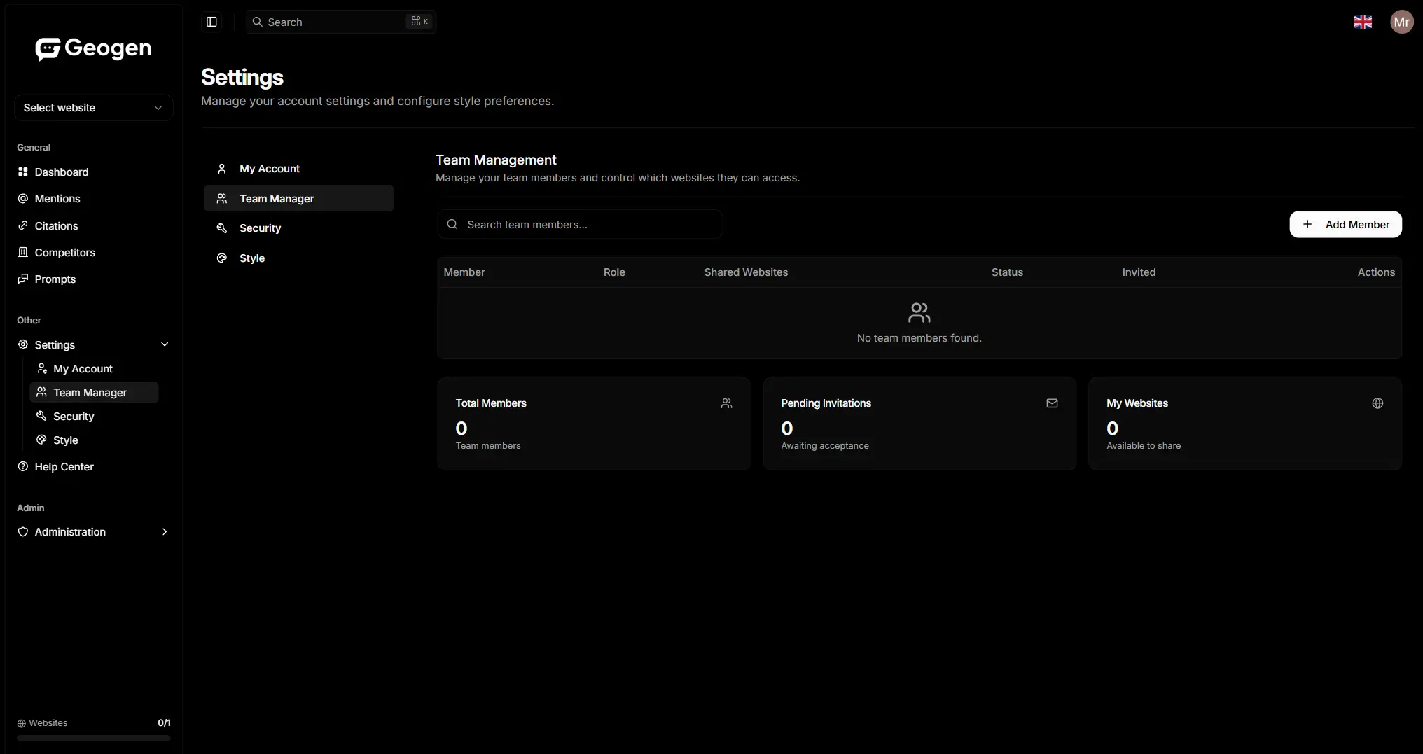 Team member management screen in the GeoGen app used to give agency staff and clients access